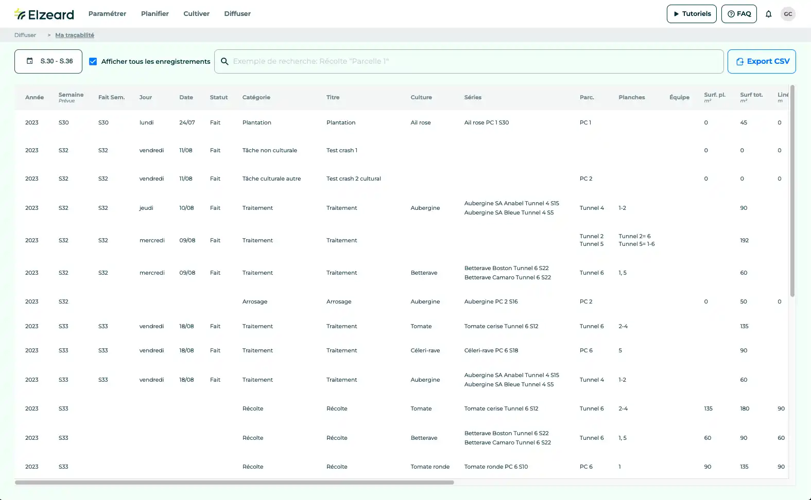 Le tableau de traçabilité du logiciel de gestion de production Elzeard.