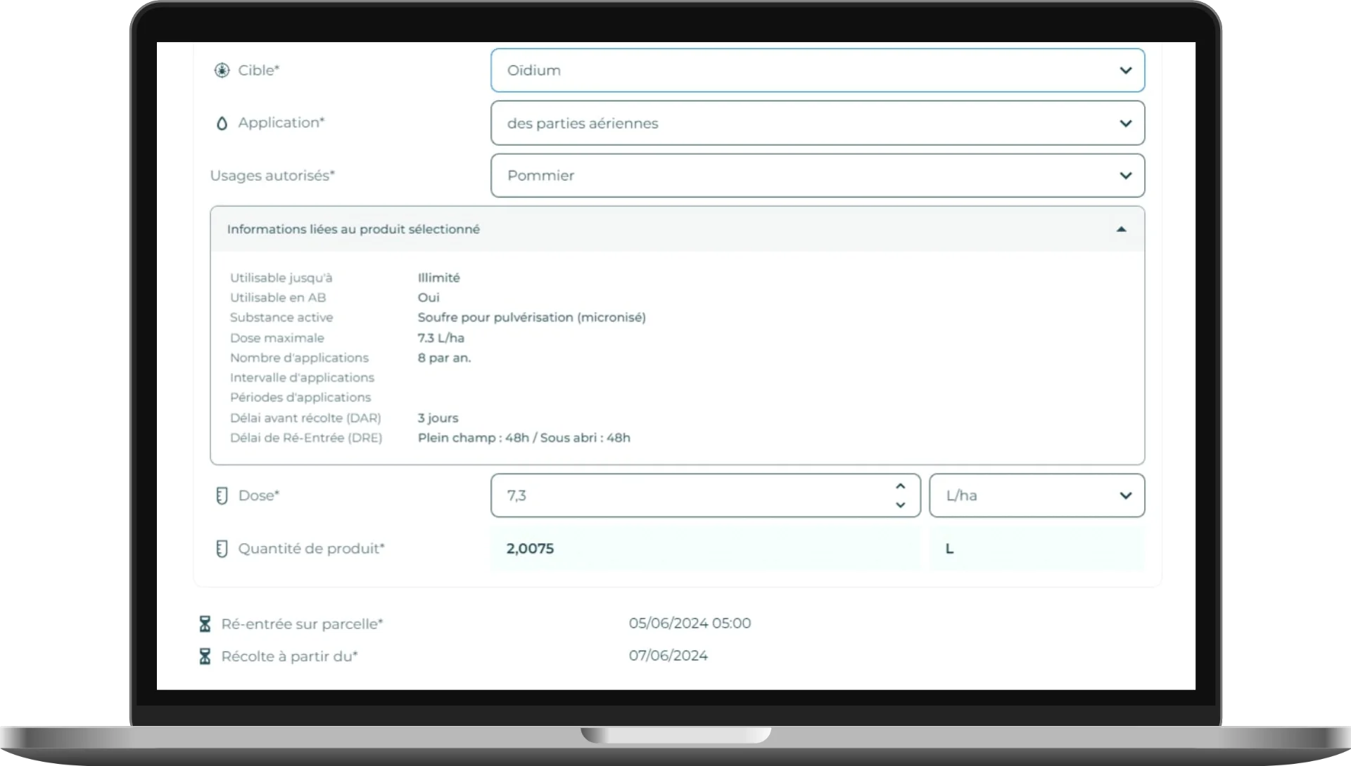 Un écran de l'application Elzeard, la gestion de production des arboriculteurs.
