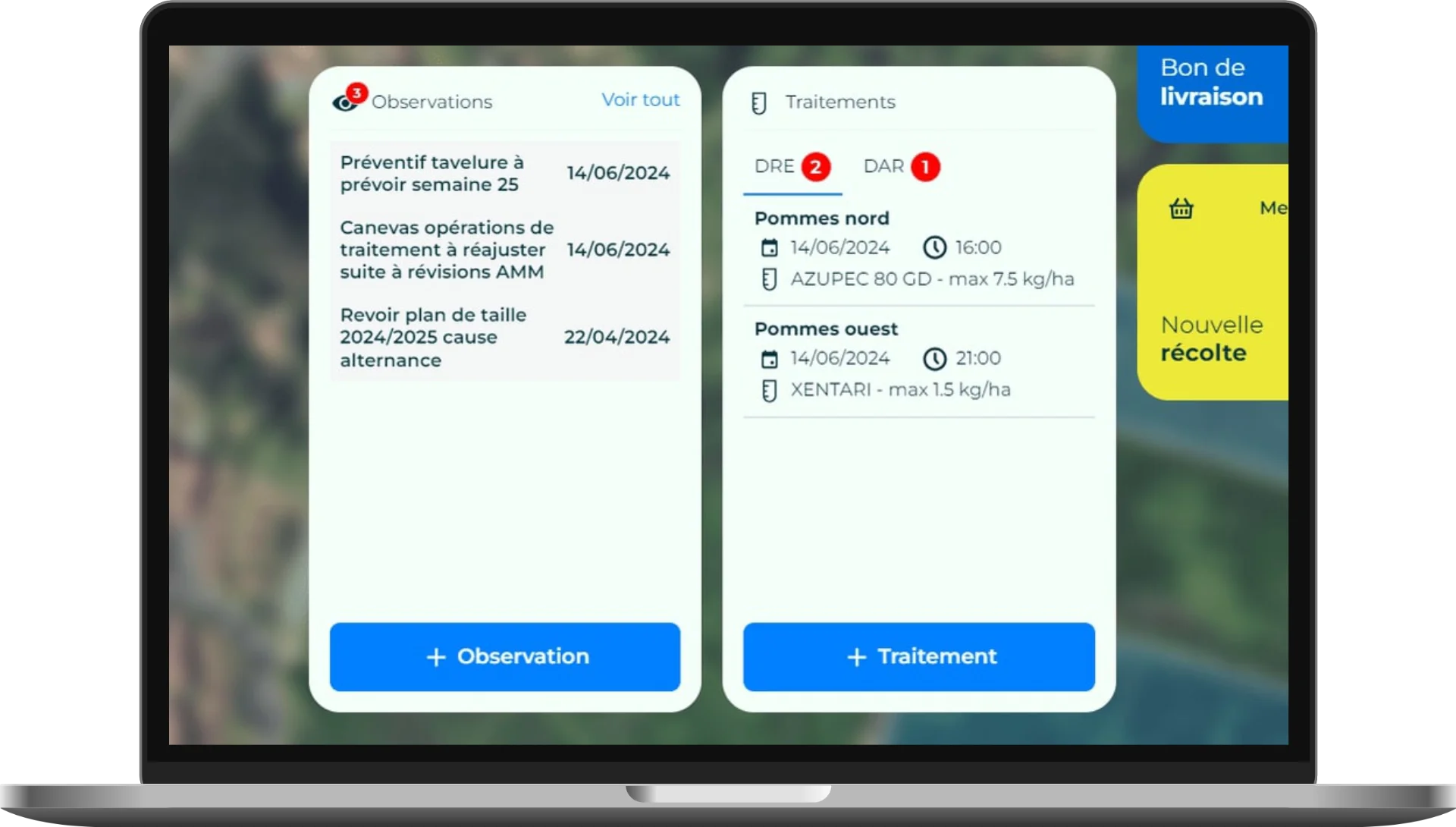 Un écran de l'application Elzeard, la gestion de production des arboriculteurs.