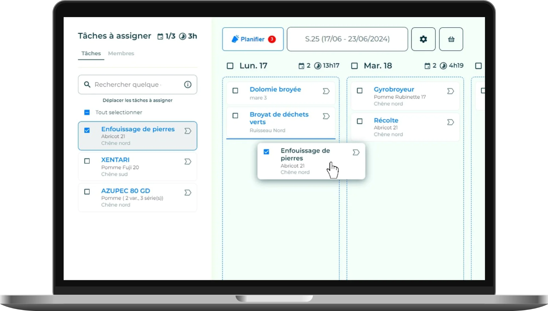 Un écran de l'application Elzeard, la gestion de production des arboriculteurs.