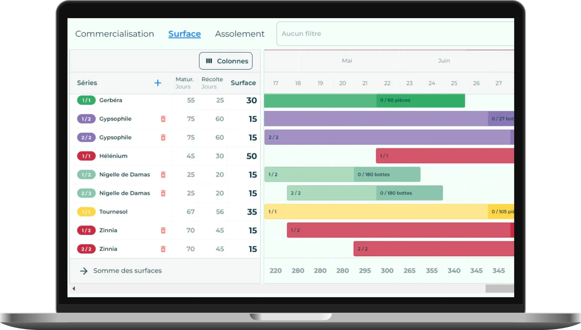 Un écran de l'application Elzeard, la gestion de production des producteurs de fleurs.