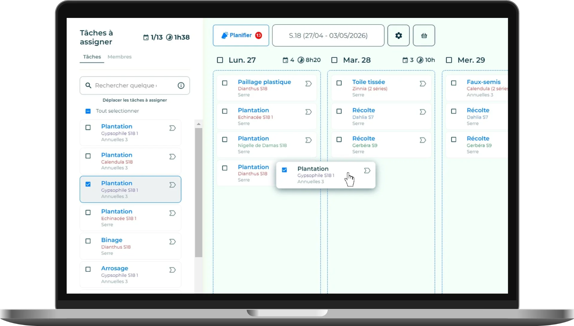 Un écran de l'application Elzeard, la gestion de production des producteurs de fleurs.