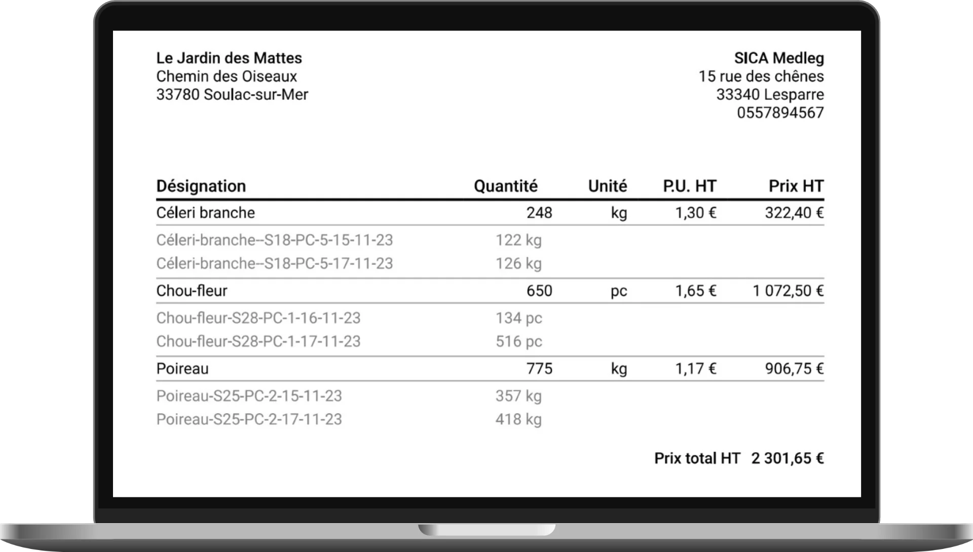 Un écran de l'application Elzeard, la gestion de production des producteurs de légumes plein champ.