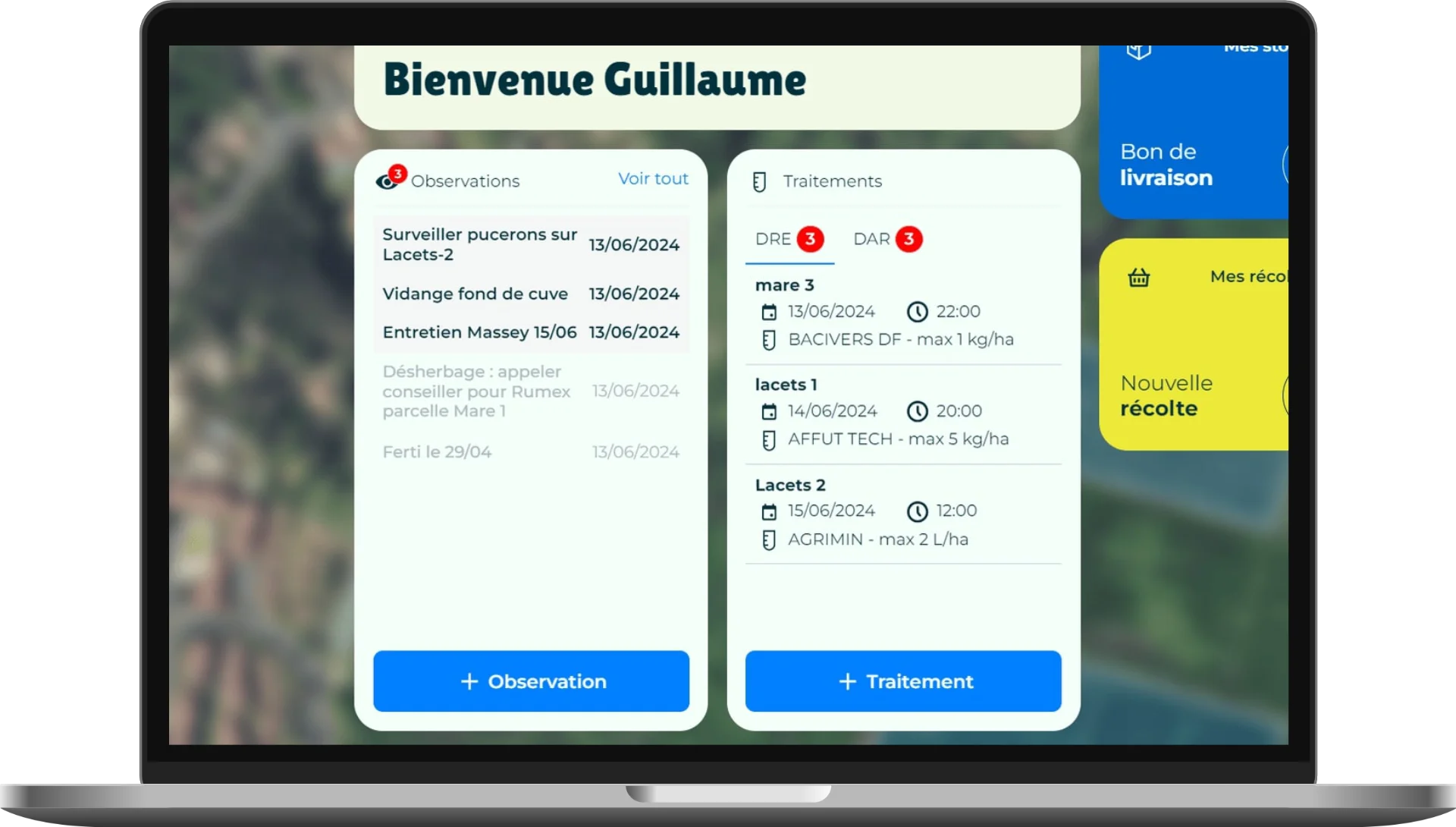 Un écran de l'application Elzeard, la gestion de production des producteurs de légumes plein champ.