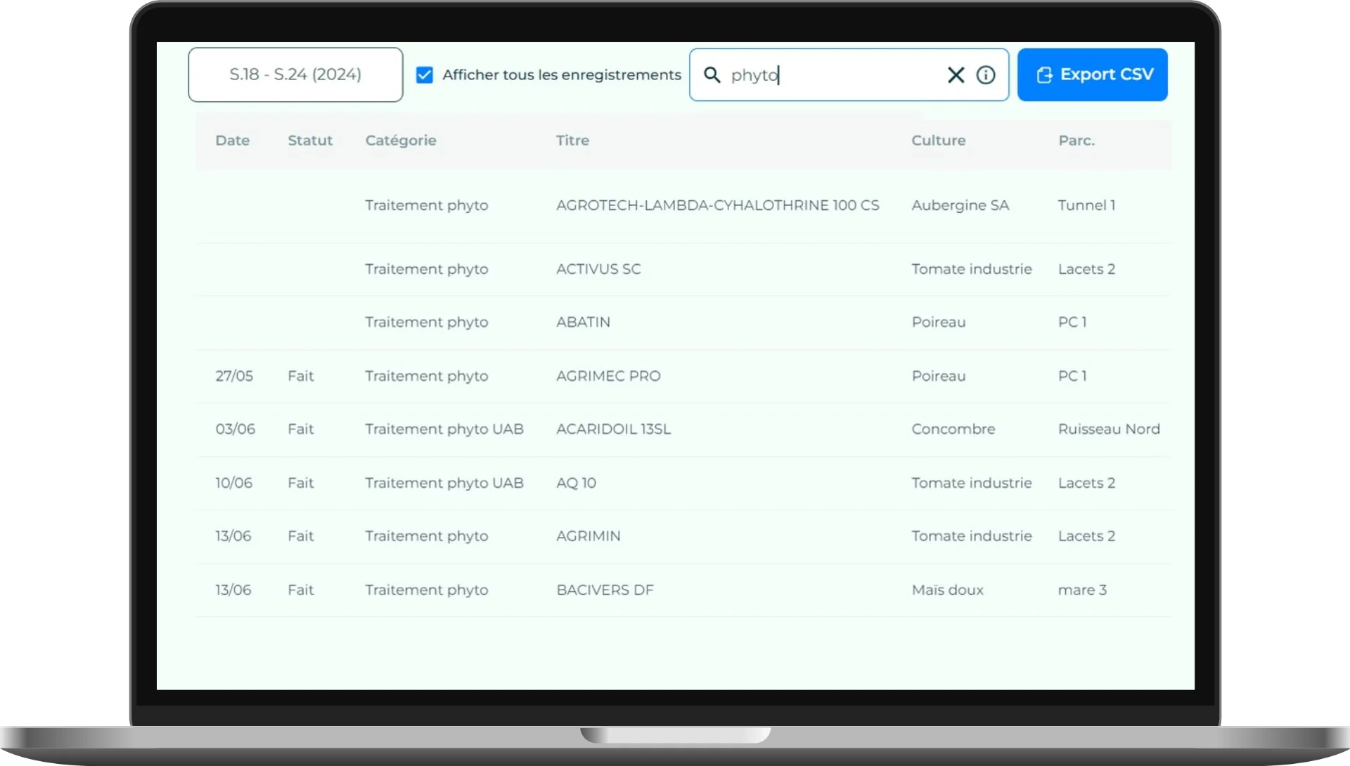 Un écran de l'application Elzeard, la gestion de production des producteurs de légumes plein champ.