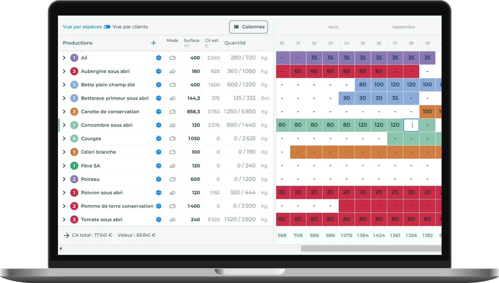 Un écran de l'application Elzeard, la gestion de production des producteurs maraîchers.