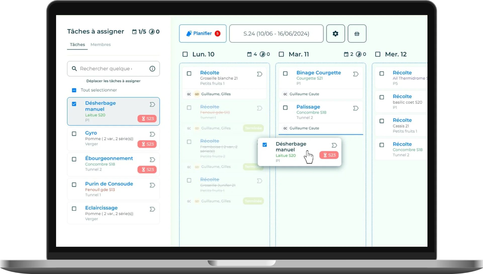 Un écran de l'application Elzeard, la gestion de production des producteurs maraîchers.