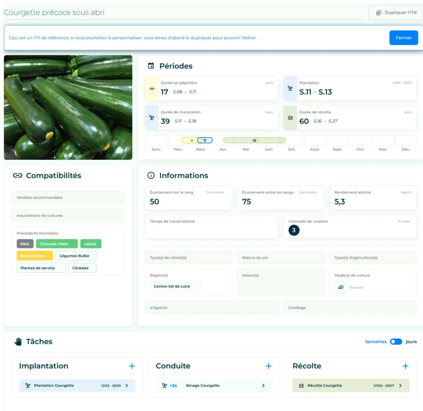 Un itinéraire technique de culture "ITK" depuis l'application de gestion de production Elzeard.