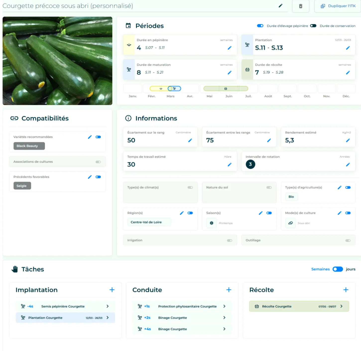 Un itinéraire technique de culture "ITK" depuis l'application de gestion de production Elzeard.