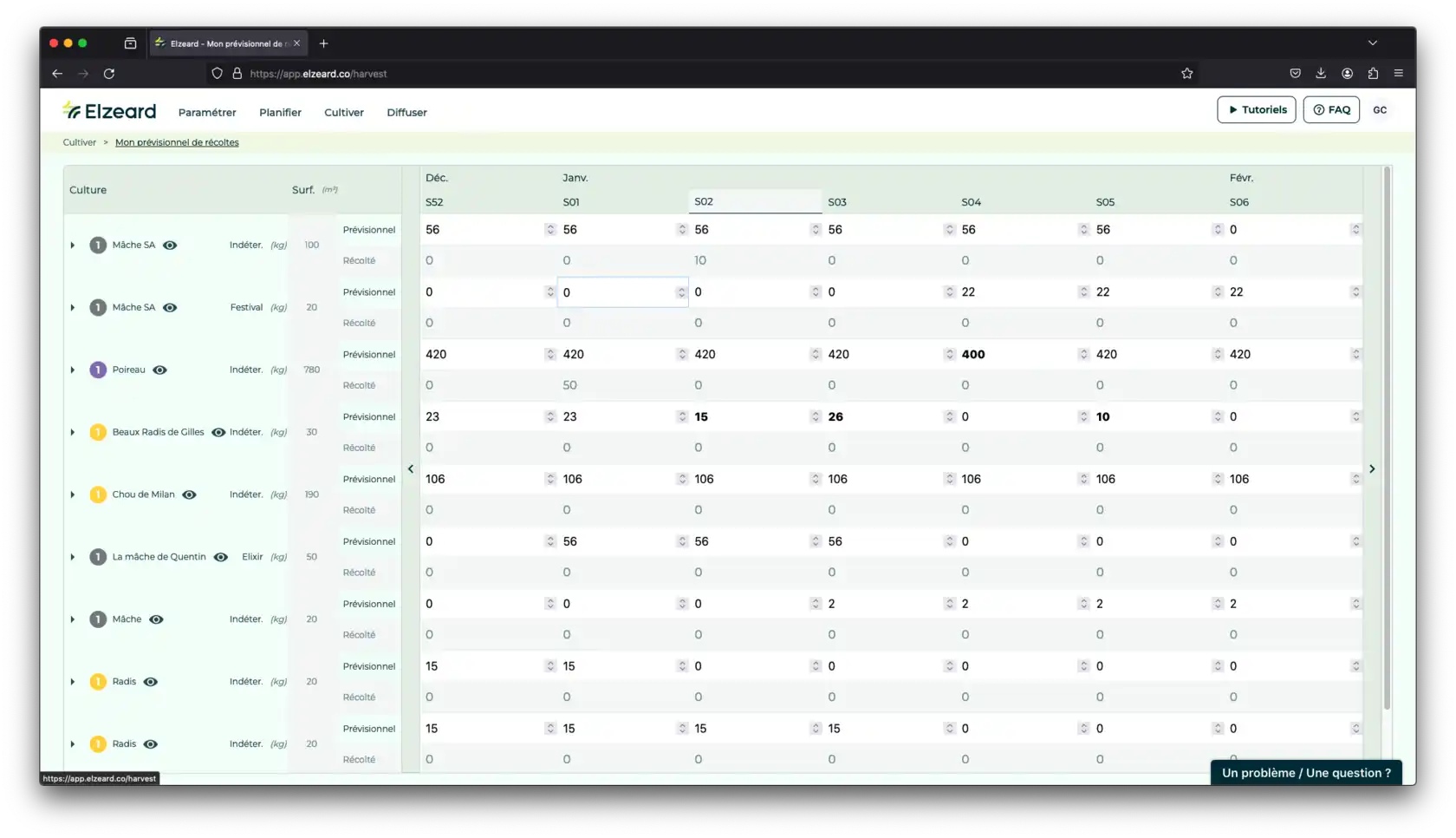 Prévisionnel de récoltes de l'application de gestion de production et de planification culturale Elzeard.